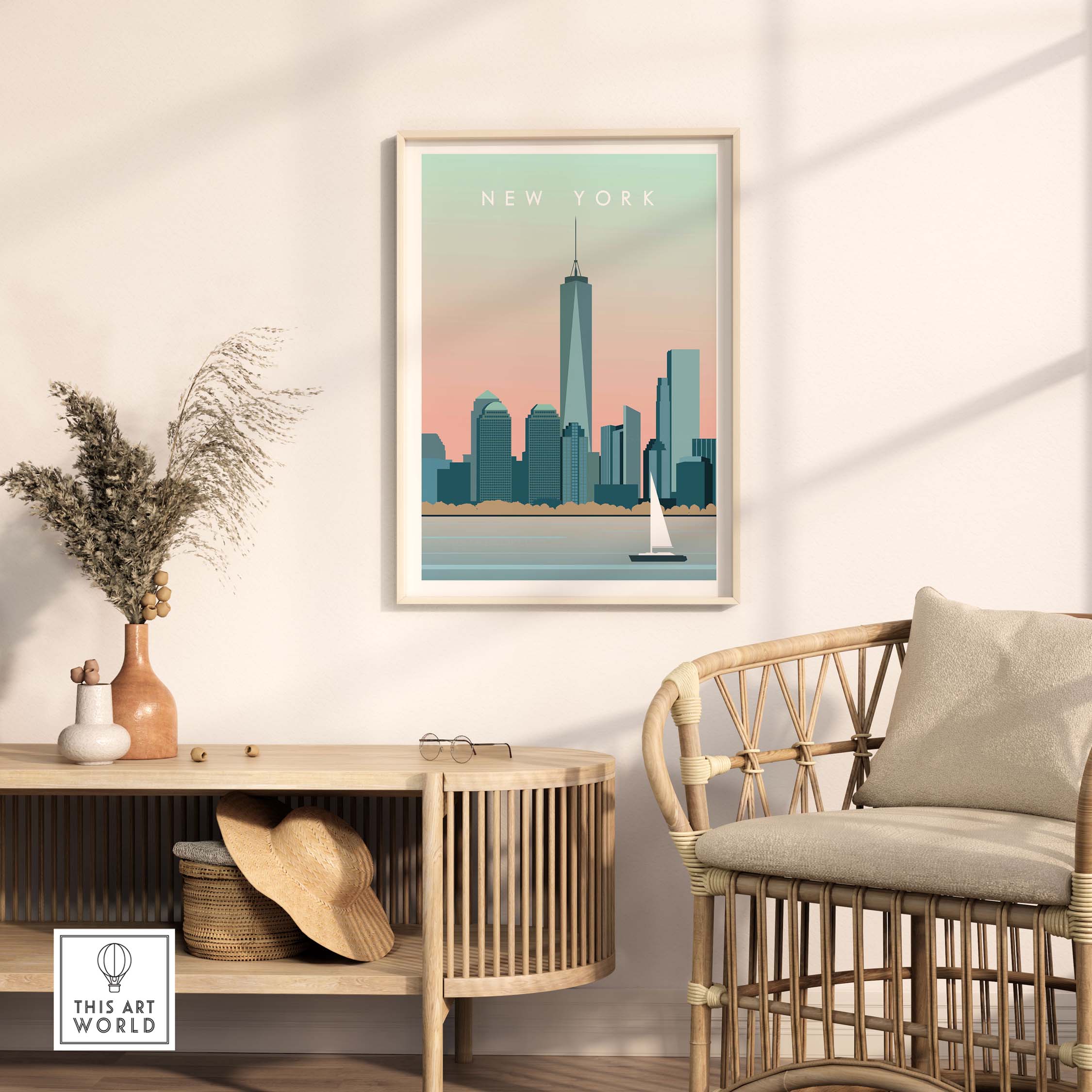 New York City wall art poster featuring skyline and sailboat, modern decor for home or office, framed art display.