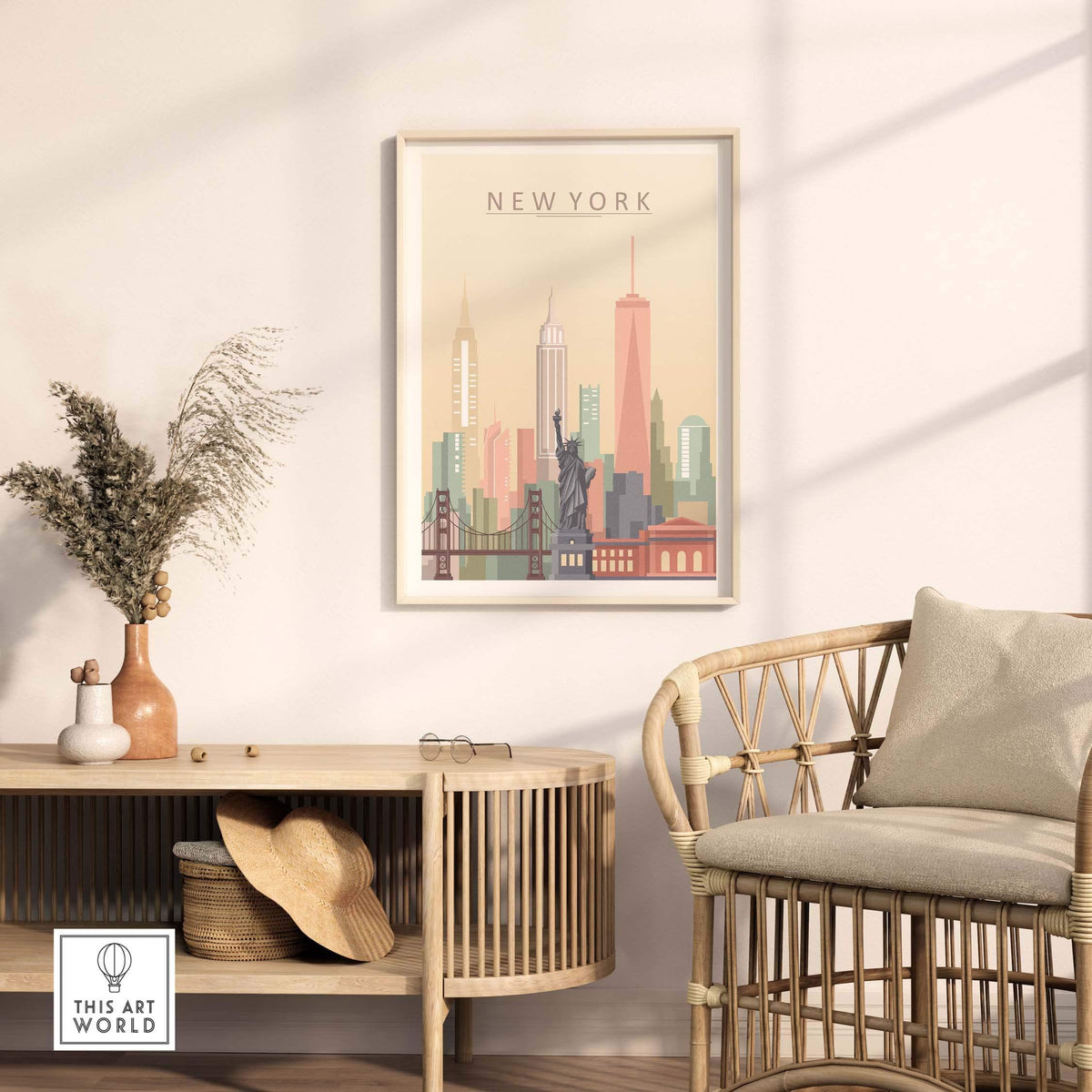 New York City skyline print art featuring the Statue of Liberty and iconic buildings in warm pastel colors.