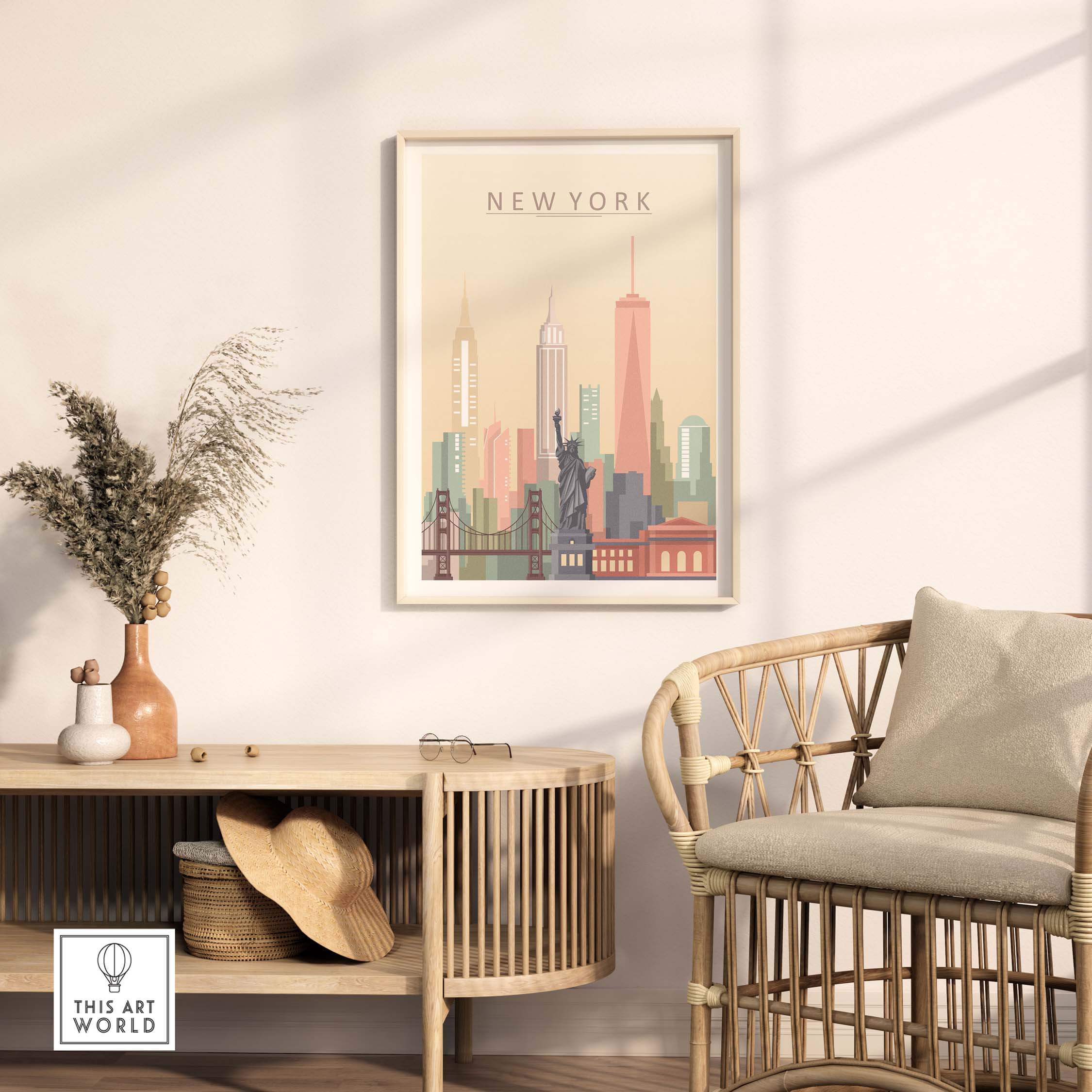 New York City skyline print art featuring the Statue of Liberty and iconic buildings in warm pastel colors.