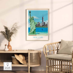 Stylish New York City poster featuring the Statue of Liberty and skyline, perfect for home or office decor.