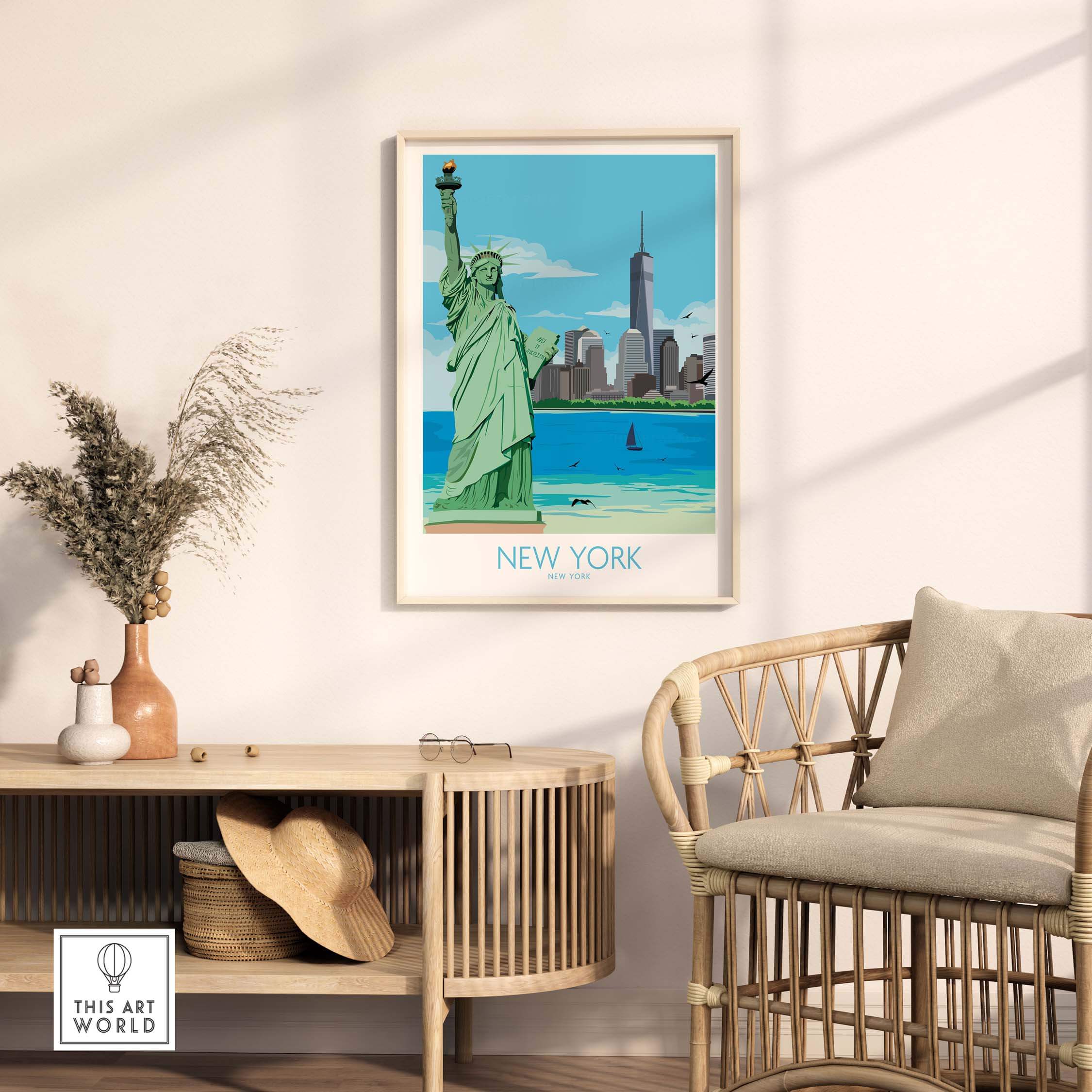 Stylish New York City poster featuring the Statue of Liberty and skyline, perfect for home or office decor.