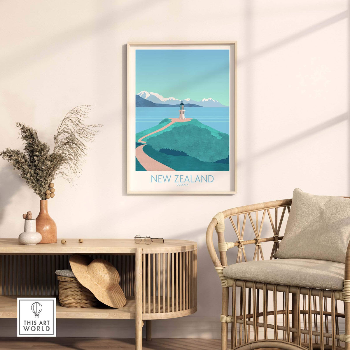 New Zealand travel poster featuring a lighthouse on a hill with mountains and ocean in a stylish room setting.
