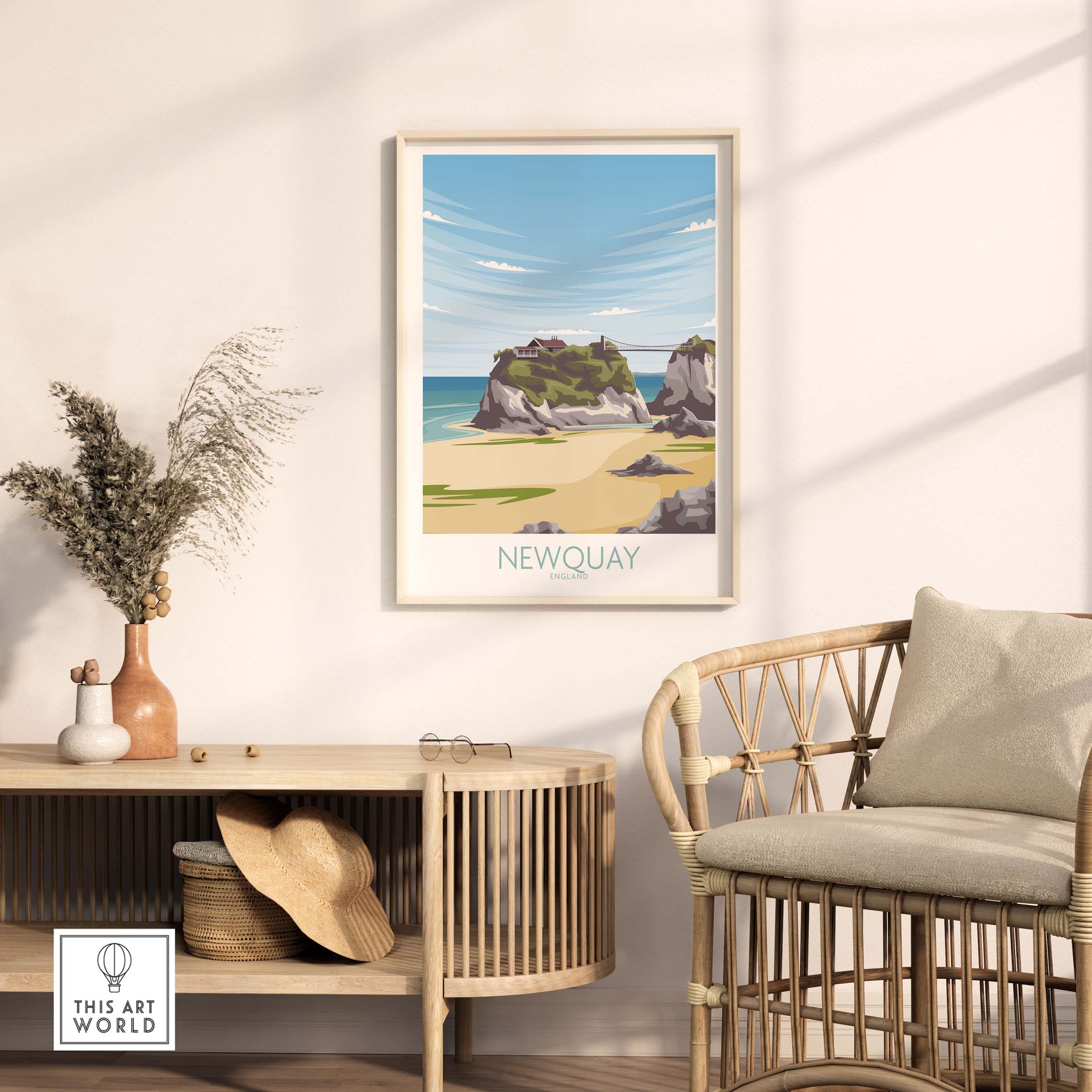 Newquay Cornwall travel poster displayed in a stylish living room with modern decor.