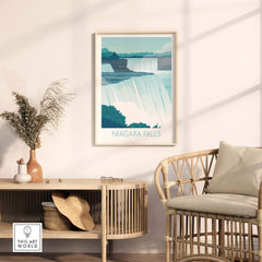 Niagara Falls print wall art displayed in a stylish interior, showcasing vintage travel poster design.