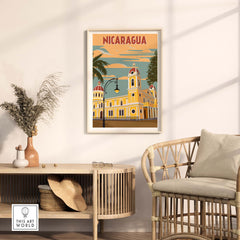 Nicaragua poster displayed in a stylish living room setting, featuring vibrant colors and vintage design.