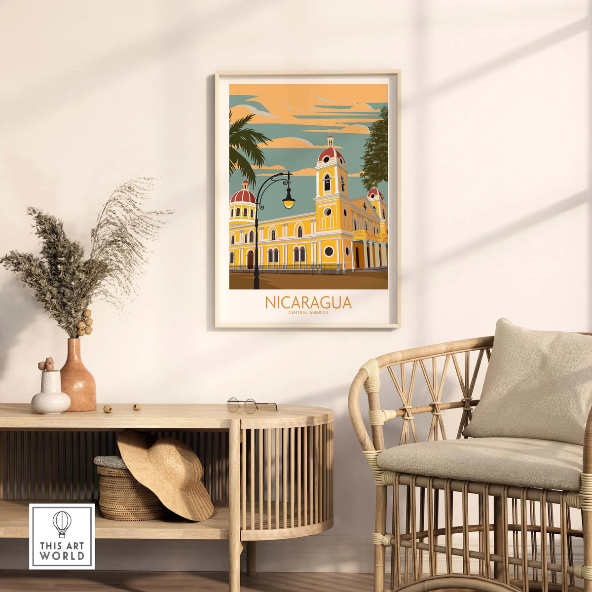 Nicaragua Print showcasing vintage-inspired travel poster in a stylish home setting with furniture.