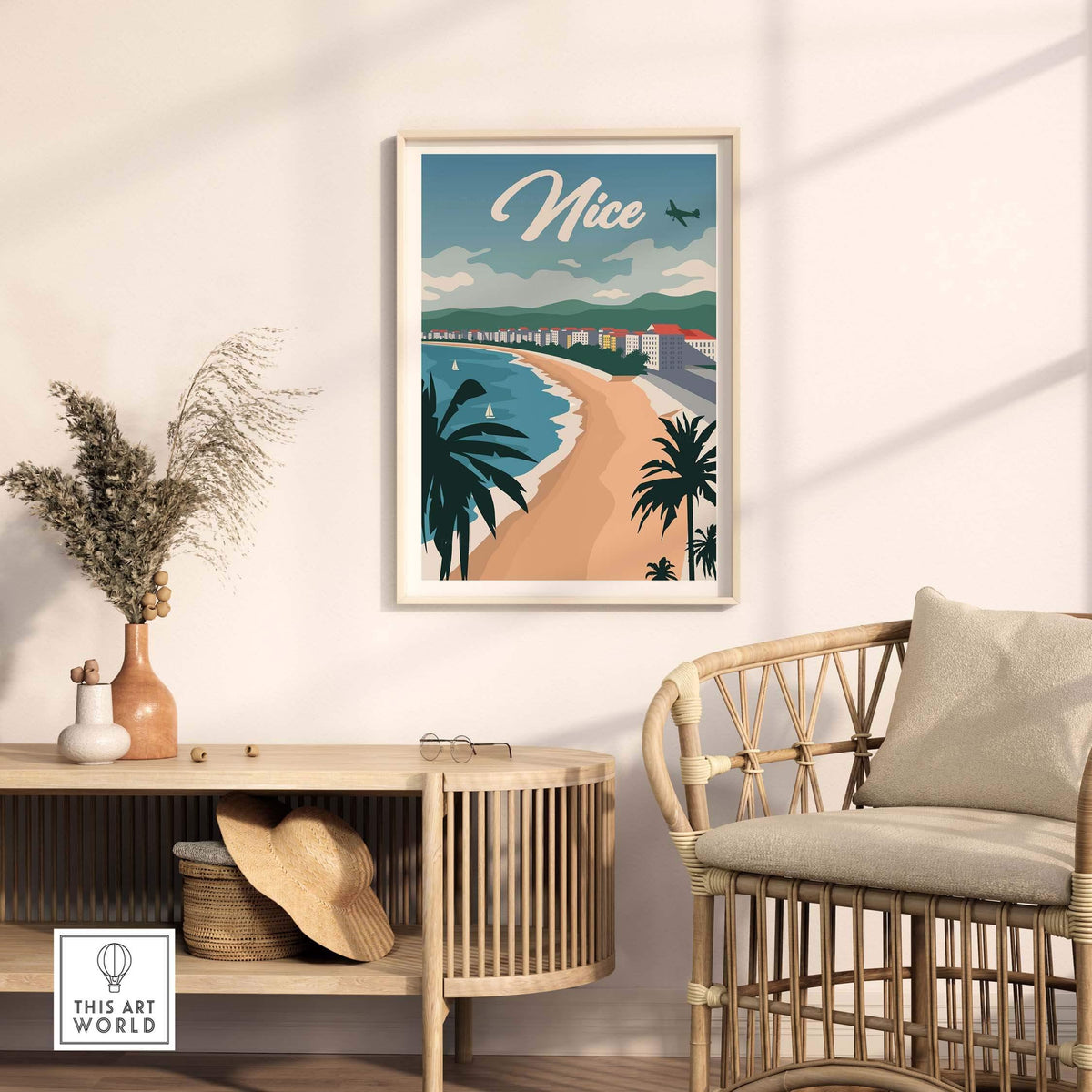 Nice France vintage travel poster wall art print featuring coastal scenery and palm trees.