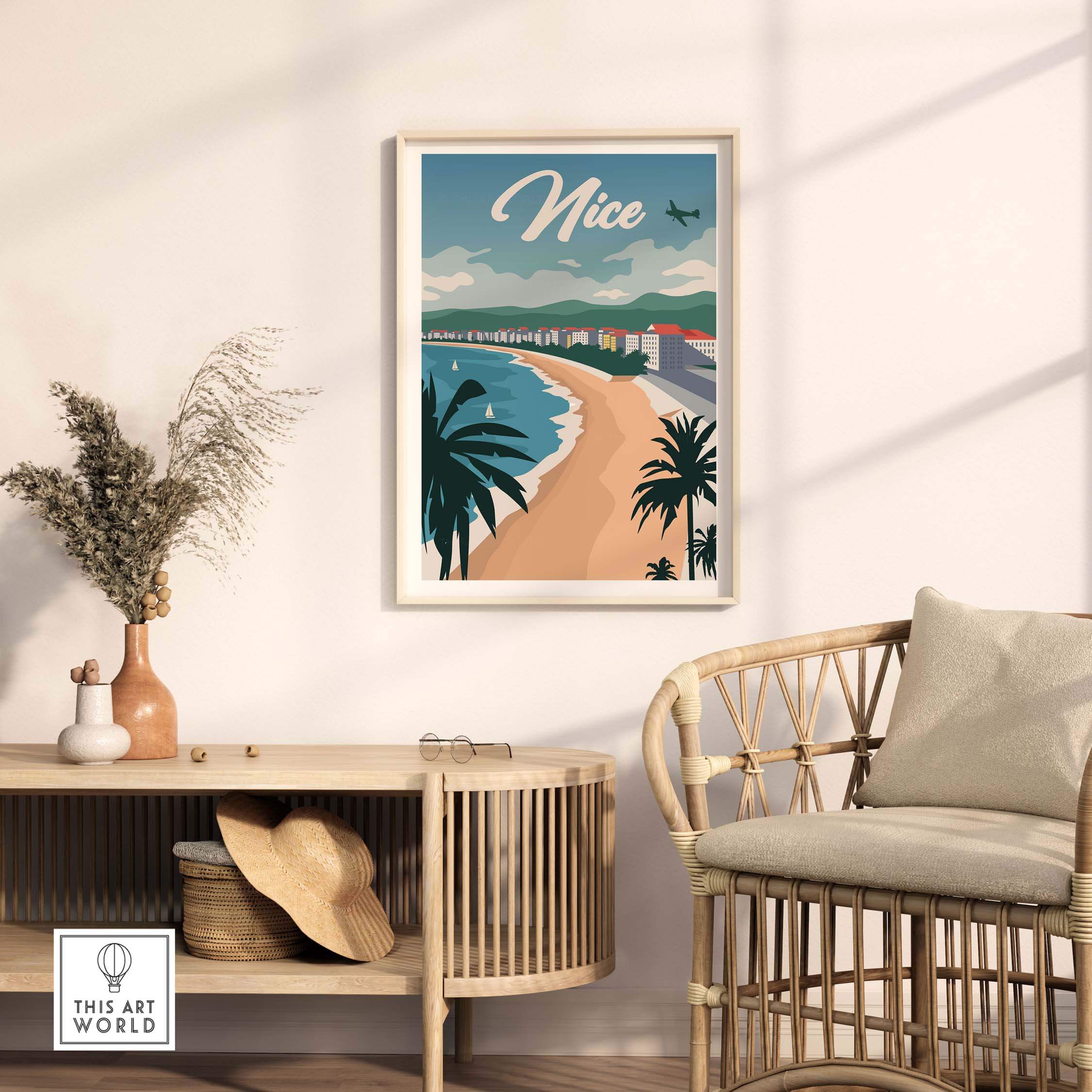 Nice France vintage travel poster wall art print featuring coastal scenery and palm trees.