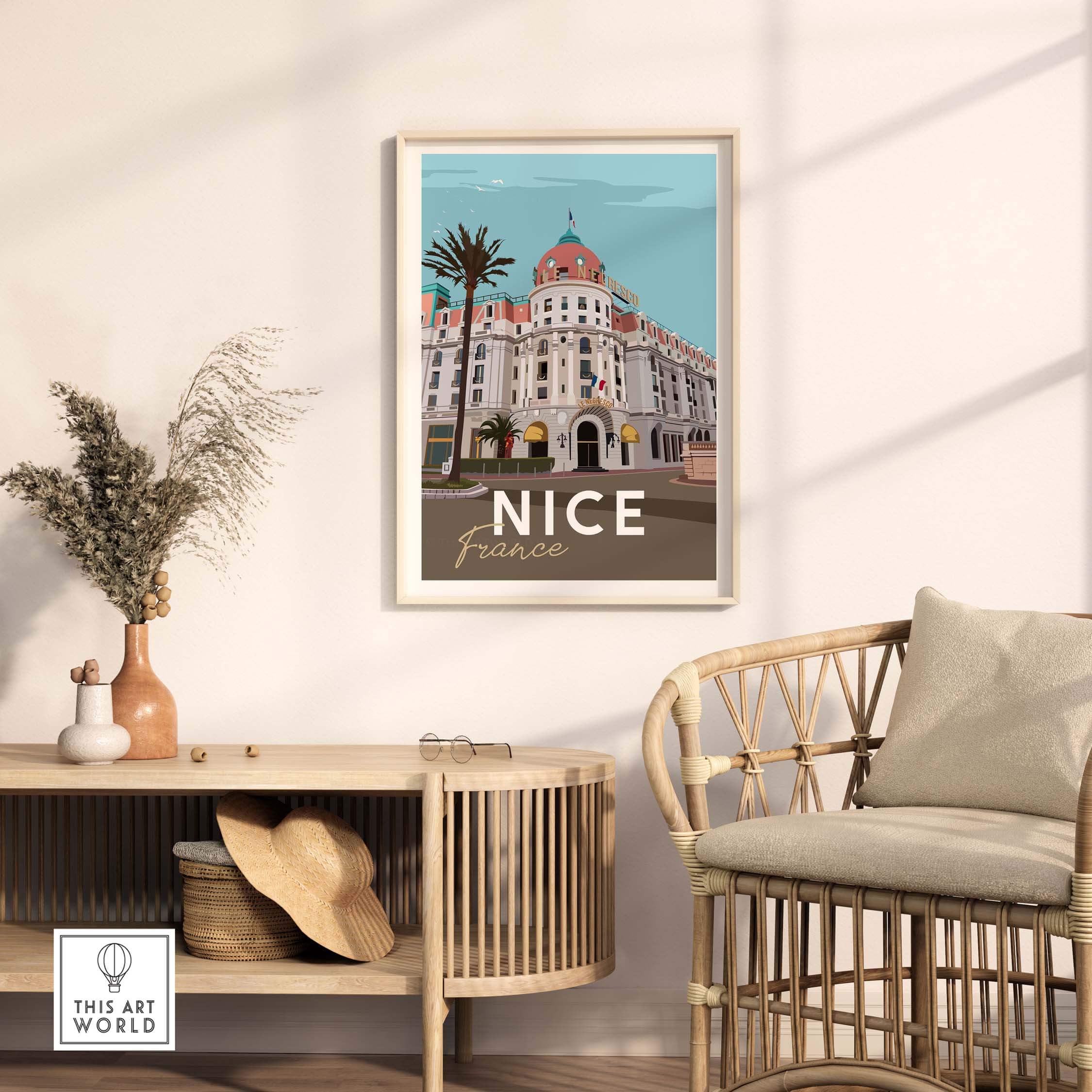 Nice France Print Poster Wall Art in a stylish living room setting with a rattan chair and decorative elements.