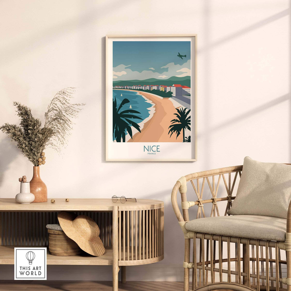 Nice France travel poster showcasing a beach view, framed art print for stylish home decor from This Art World.
