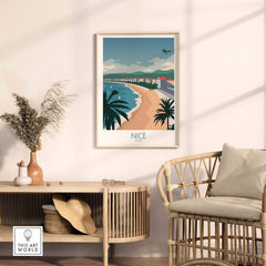 Nice France travel poster showcasing a beach view, framed art print for stylish home decor from This Art World.