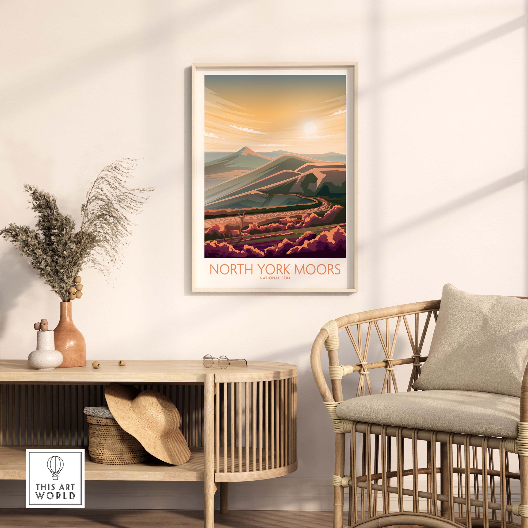 Framed North York Moors print in a modern living room, showcasing a minimalist National Park poster.