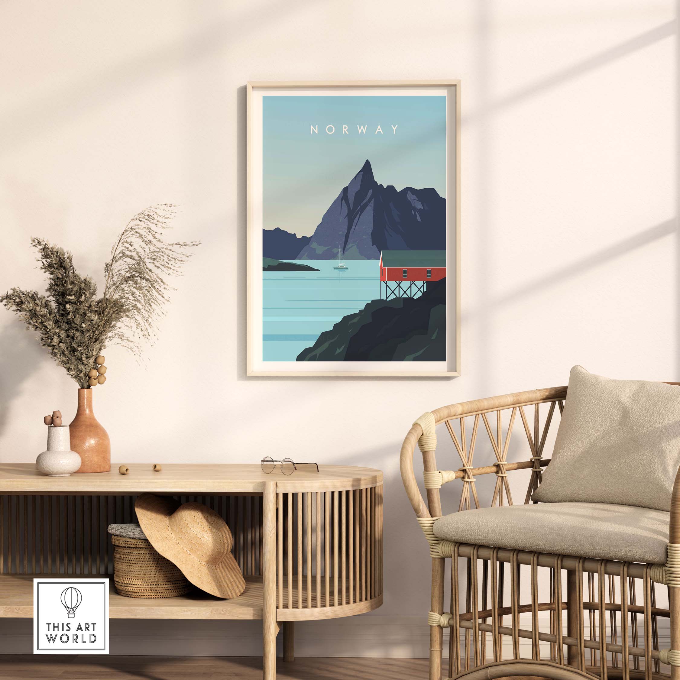 Norway Print Wall Art Poster showcasing a coastal scene with mountains, framed in a stylish living room setting.
