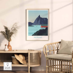 Norway Print Travel Poster featuring mountains and a red cabin, framed art style for home or office decor.