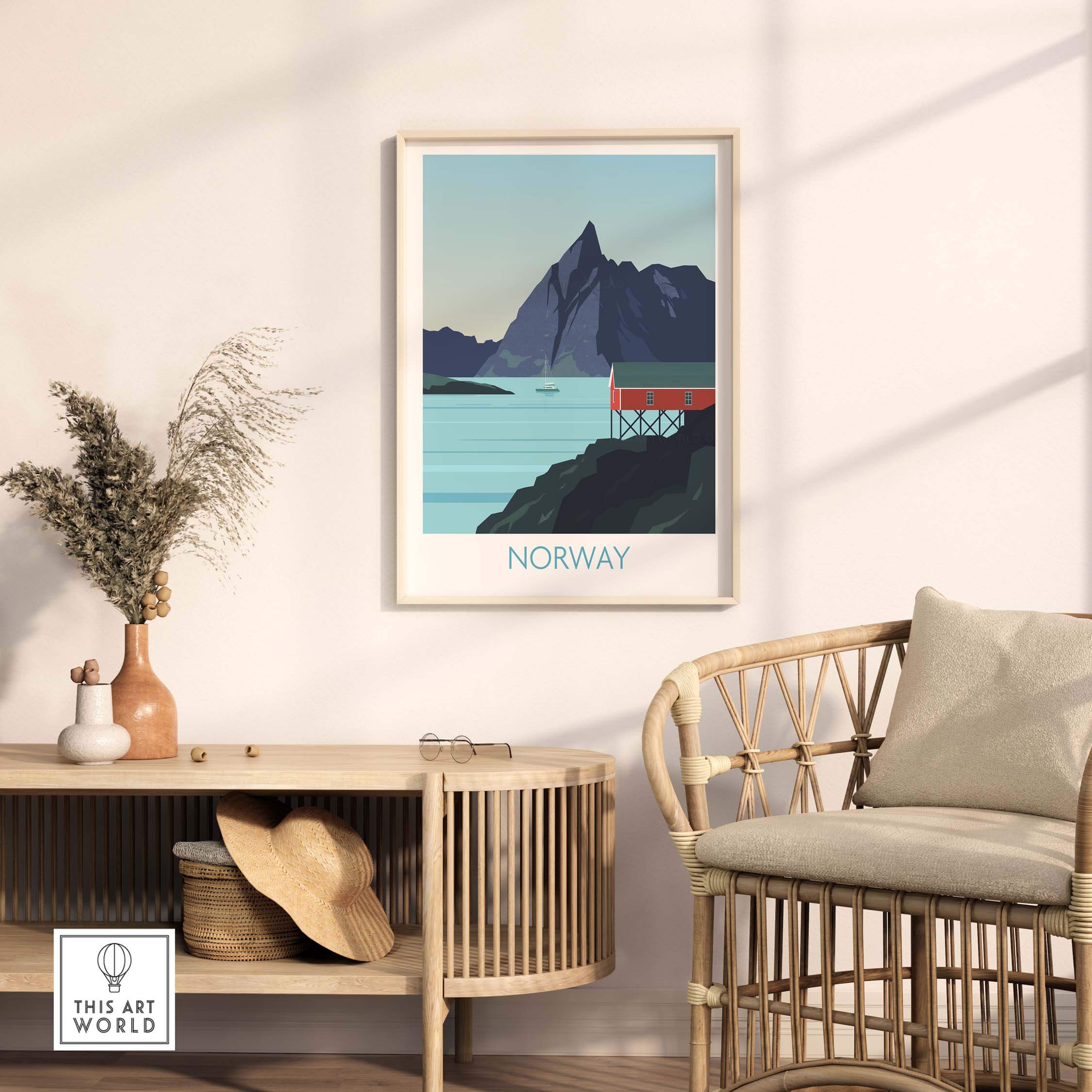 Norway Print Travel Poster featuring mountains and a red cabin, framed art style for home or office decor.