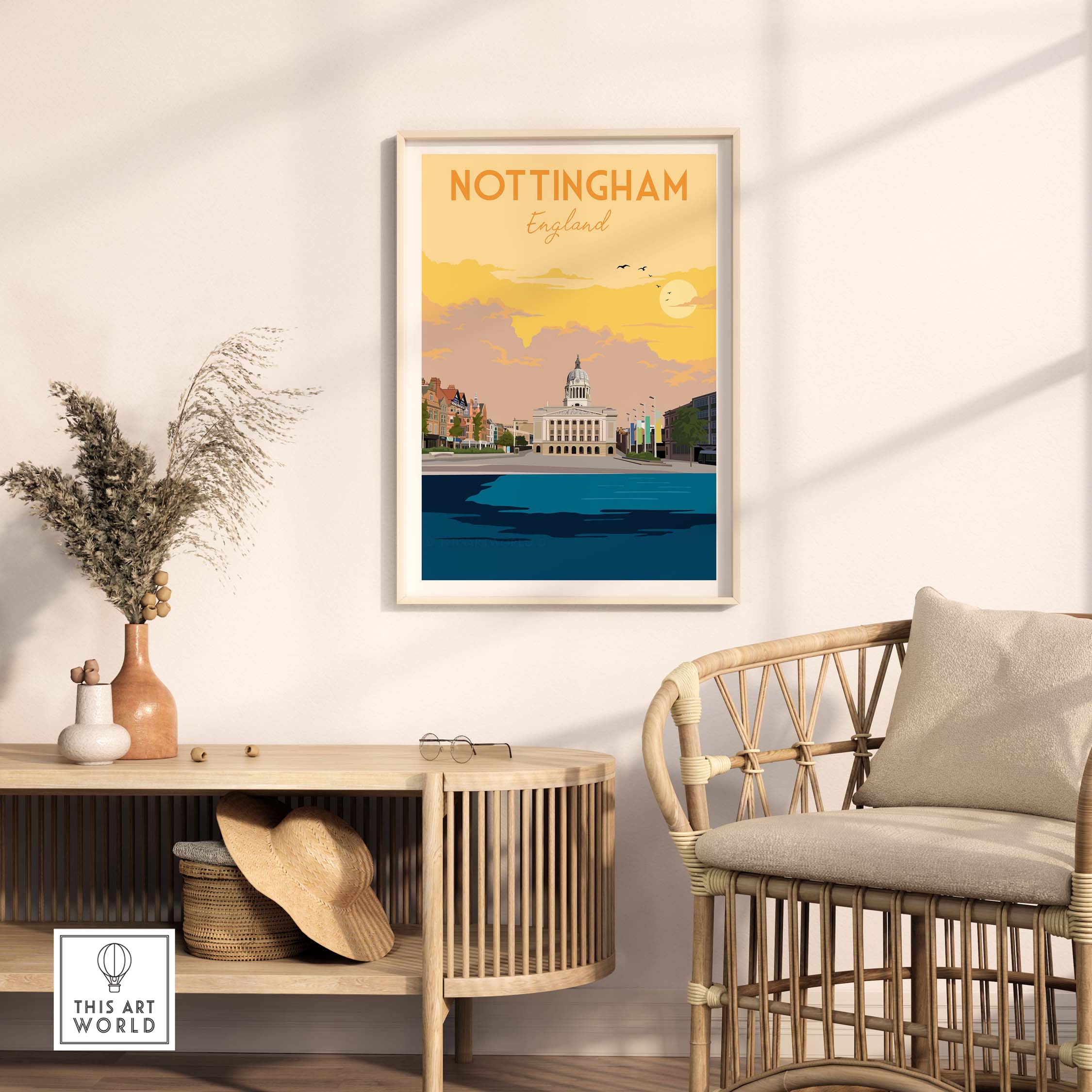 Nottingham Print England Poster showcasing vintage travel art in a stylish living room setting.