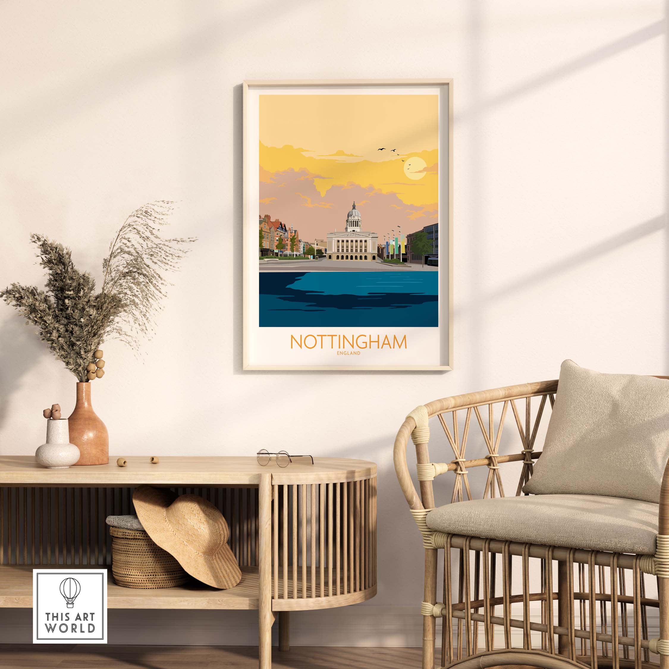 Nottingham poster print displayed in a stylish interior, showcasing vintage travel art and home decor inspiration.