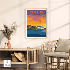 Oslo Print Norway artwork displayed in a stylish interior featuring vintage travel poster design.
