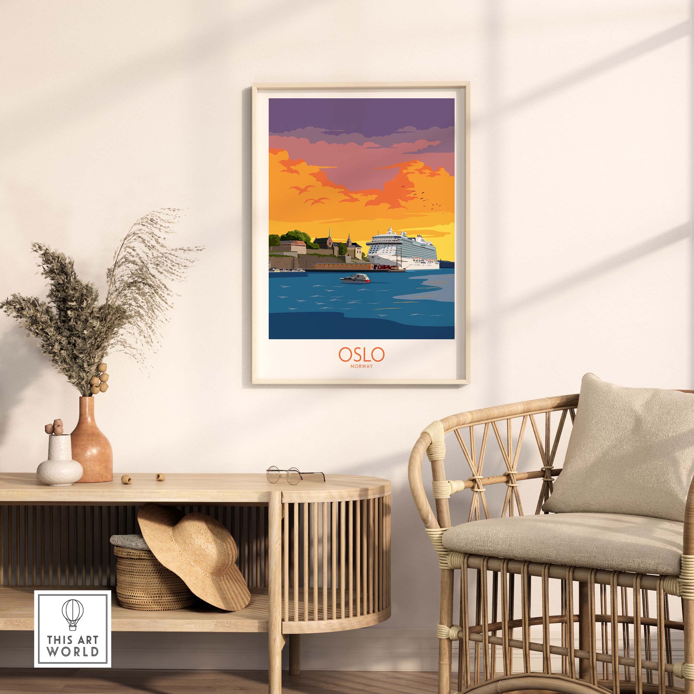 Oslo Poster Norway showcased in a stylish living room, featuring vibrant sunset and vintage travel art.