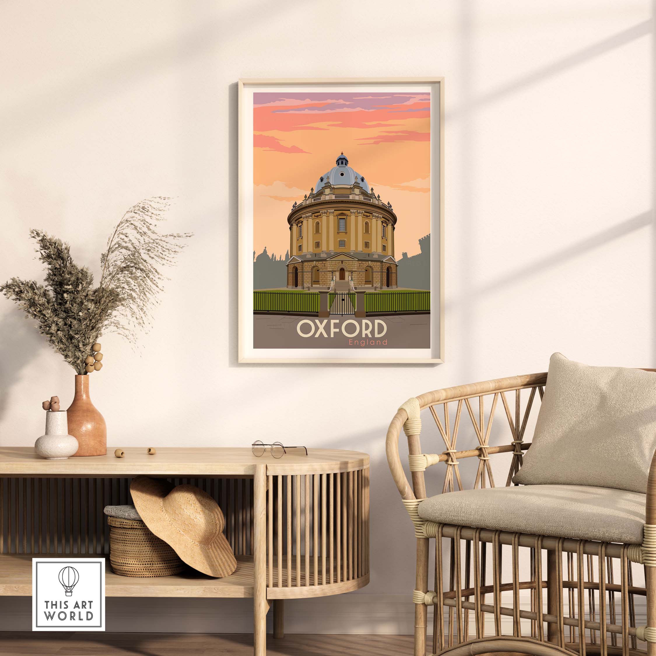 Stylish Oxford Print Poster Wall Art featuring a vintage illustration of a historic building, perfect for home or office decor.