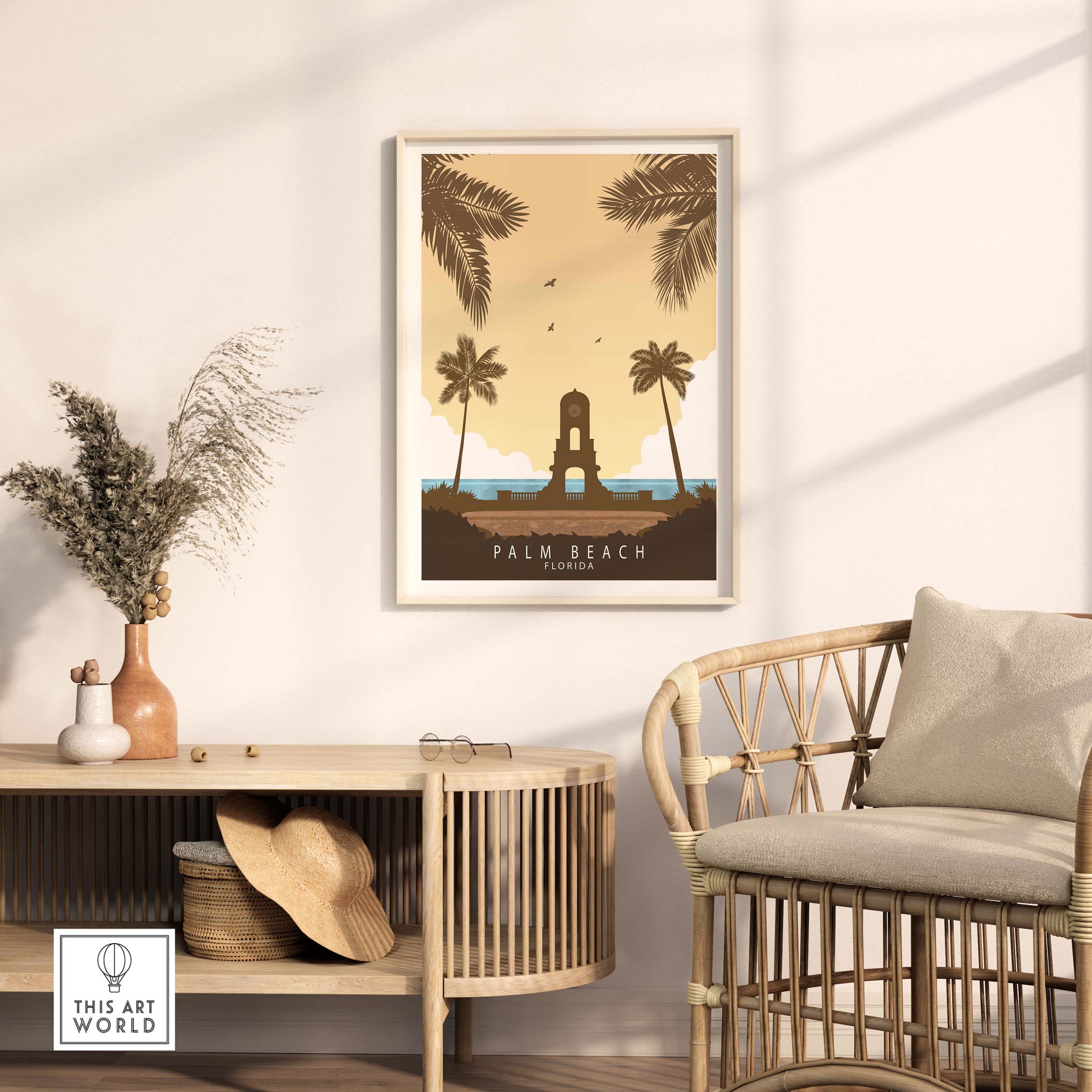 Palm Beach Florida print featuring a vintage design with palm trees in a stylish home setting.