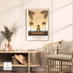 Palm Beach Wall Art showcasing vintage style travel poster with palm trees in a minimalist living room setting.