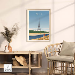 Paris Wall Art Poster featuring the Eiffel Tower, stylishly displayed in a cozy home setting with natural decor.