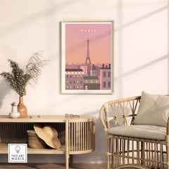 Paris Print Wall Art Poster featuring the Eiffel Tower, styled in a modern living room setting.