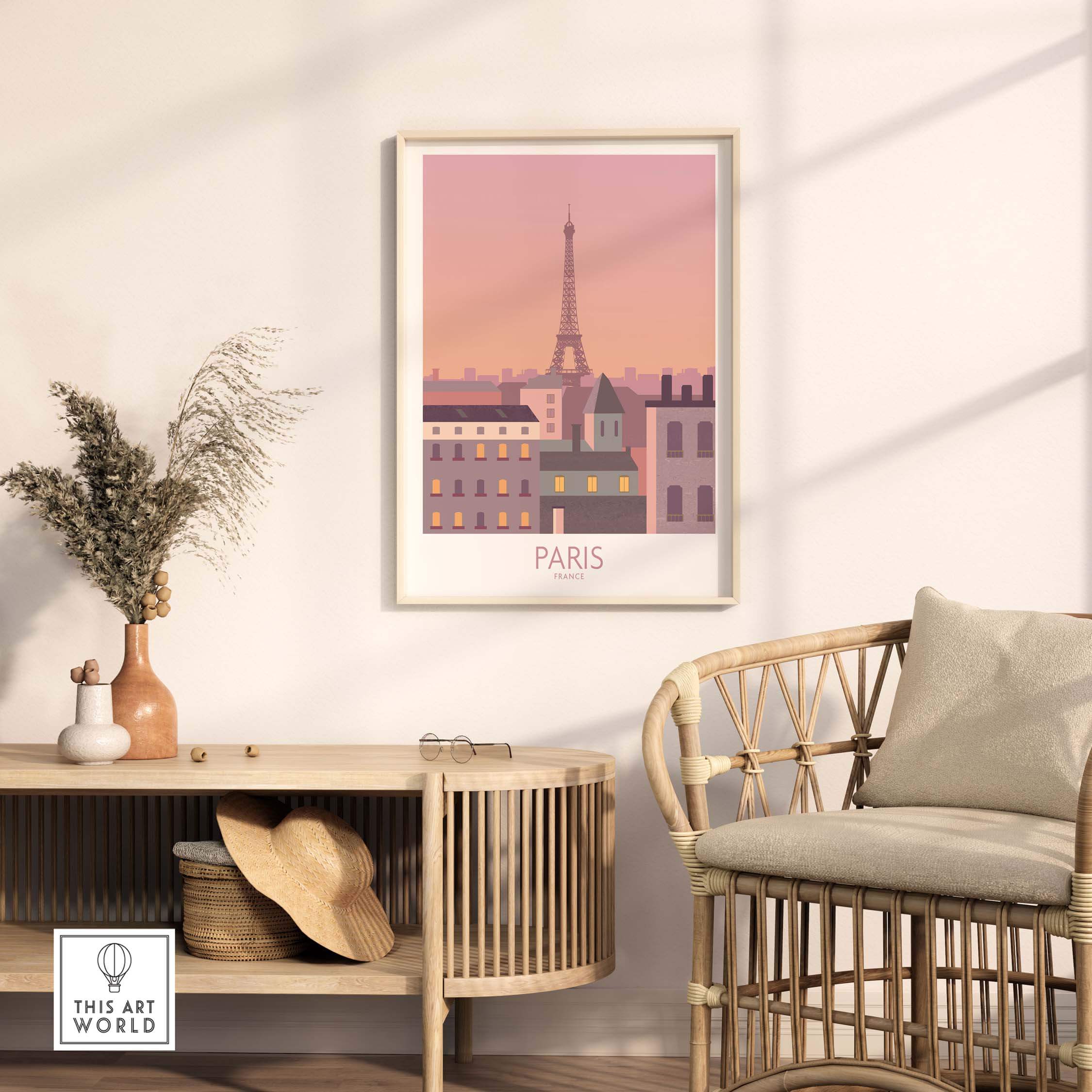 Stylish Paris Print Travel Poster showcasing the Eiffel Tower, ideal for home or office decor.