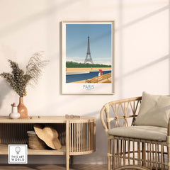 Paris Wall Art Poster Print featuring the Eiffel Tower in a stylish interior setting with natural decor elements.
