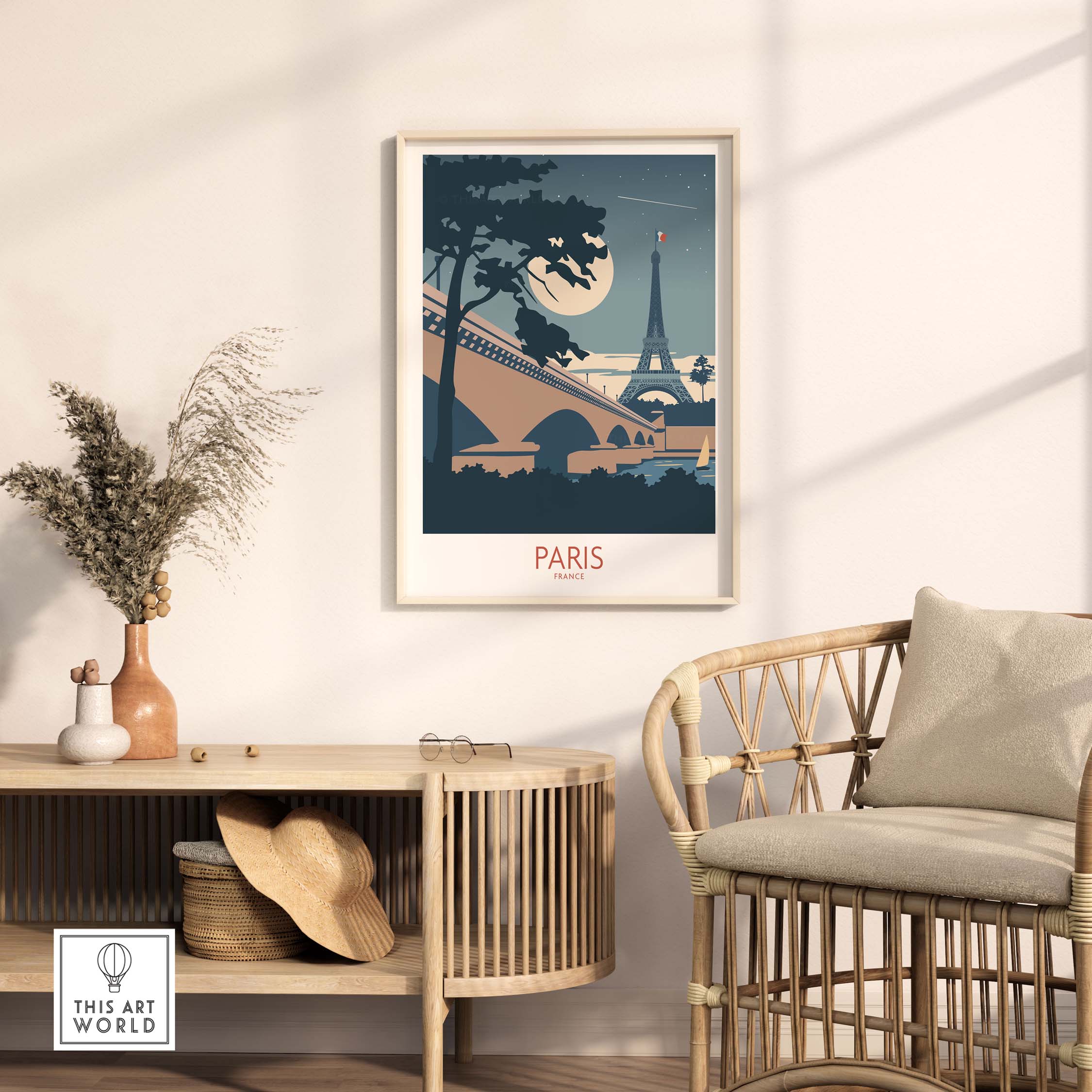 Moonlit Paris travel poster featuring the Eiffel Tower, framed in a stylish living room setting.
