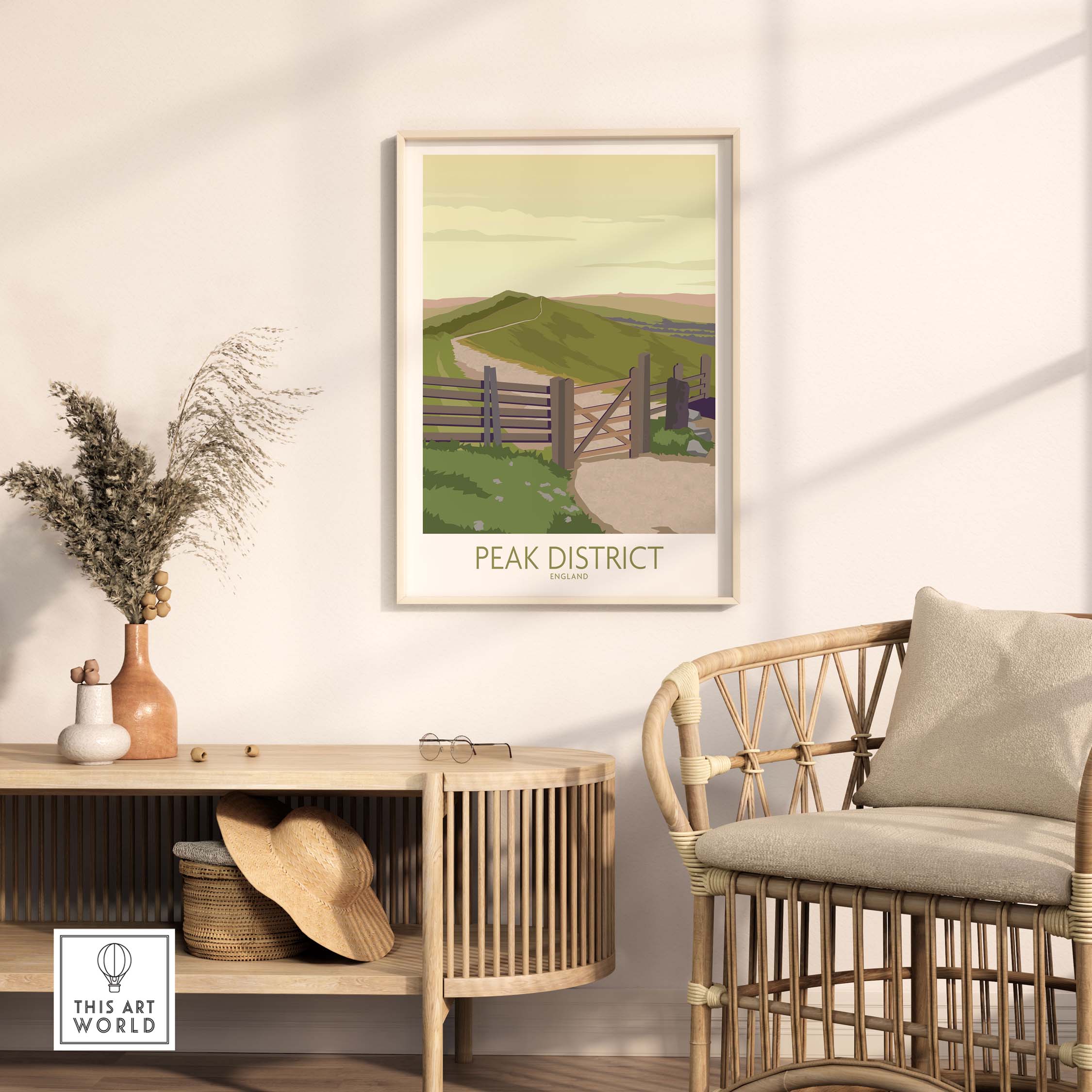 Stylish Peak District art print displayed in a modern living room, showcasing scenic landscape design.