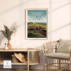 Peak District National Park poster in a modern living room with stylish decor and natural elements.
