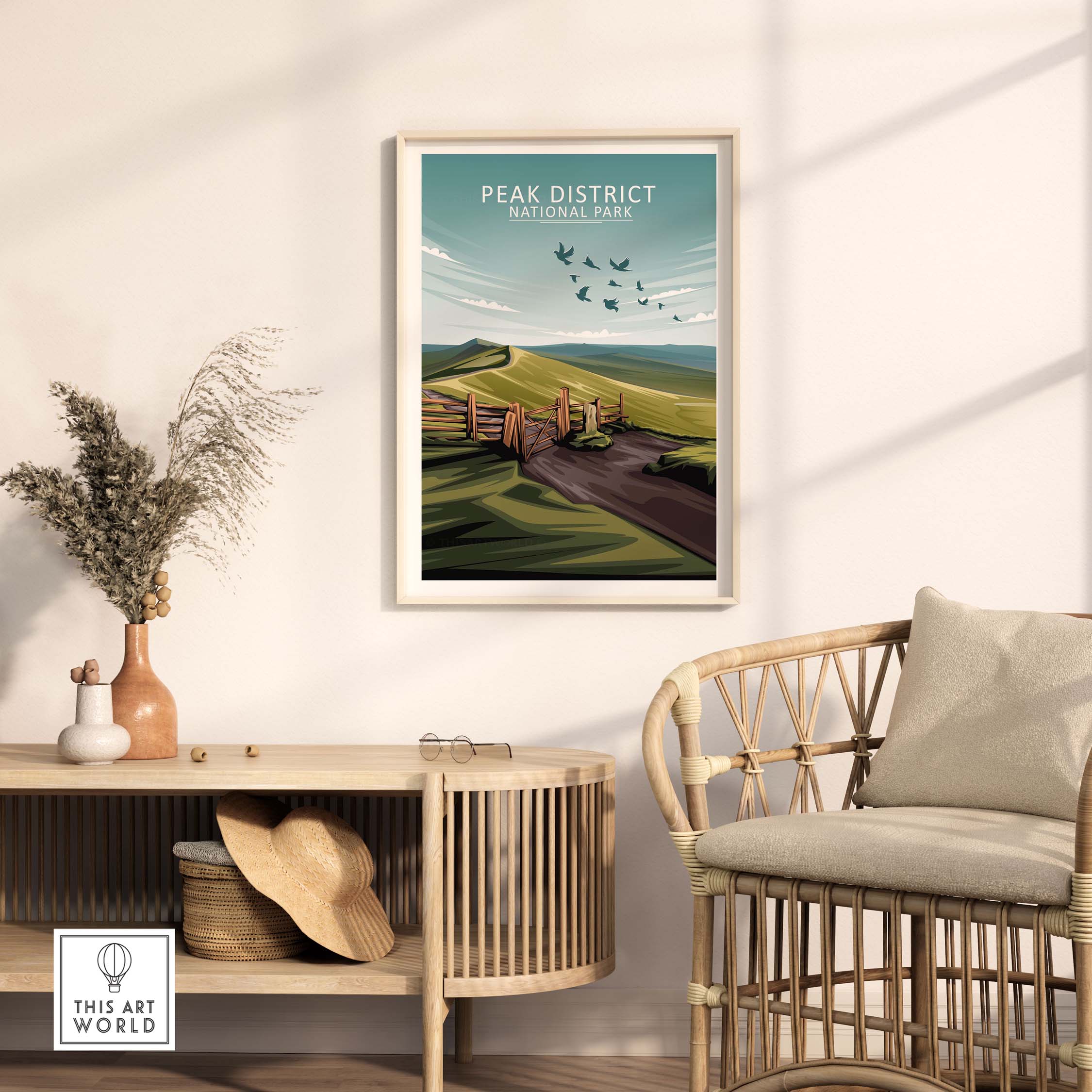 Peak District National Park poster in a modern living room with stylish decor and natural elements.