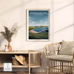 Pembrokeshire Coast National Park poster displayed in a stylish home interior with minimalist decor.