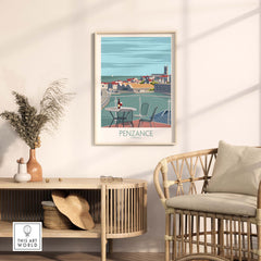 Penzance poster Cornwall print displayed in a stylish home setting with modern decor and furniture.