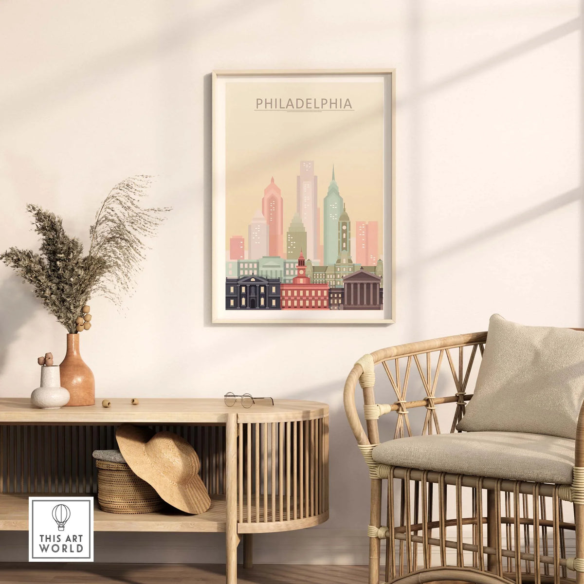 Philadelphia Skyline Poster in pastel colors showcased in a stylish living room setting with modern decor.