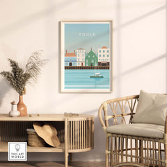Poole Print Poster Dorset Wall Art displayed in a modern living room with coastal decor and natural elements.