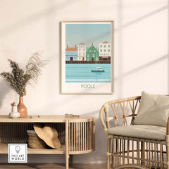 Poole Dorset travel poster print displayed in a stylish home interior, showcasing coastal charm and vintage design.