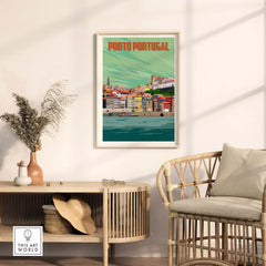 Porto Print Poster Wall Art showcasing colorful Porto, Portugal, framed in a stylish living room setting.