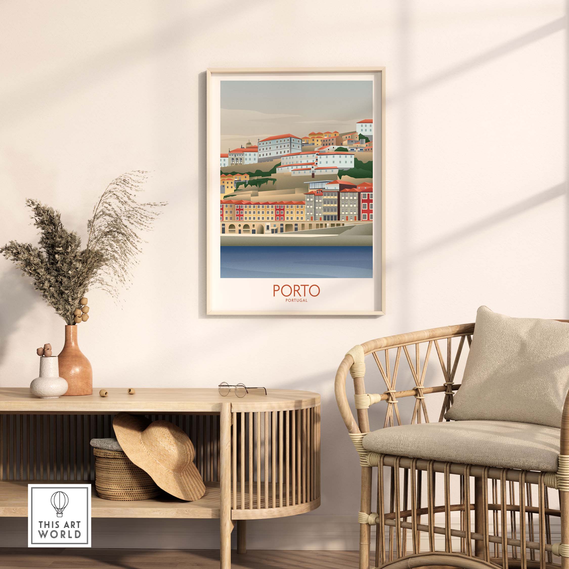 Porto Wall Art Portugal Print displayed in a stylish interior, featuring colorful vintage-style buildings by the water.