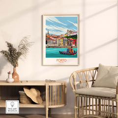 Porto travel poster print in a minimalist frame displayed in a stylish interior with a natural decor.