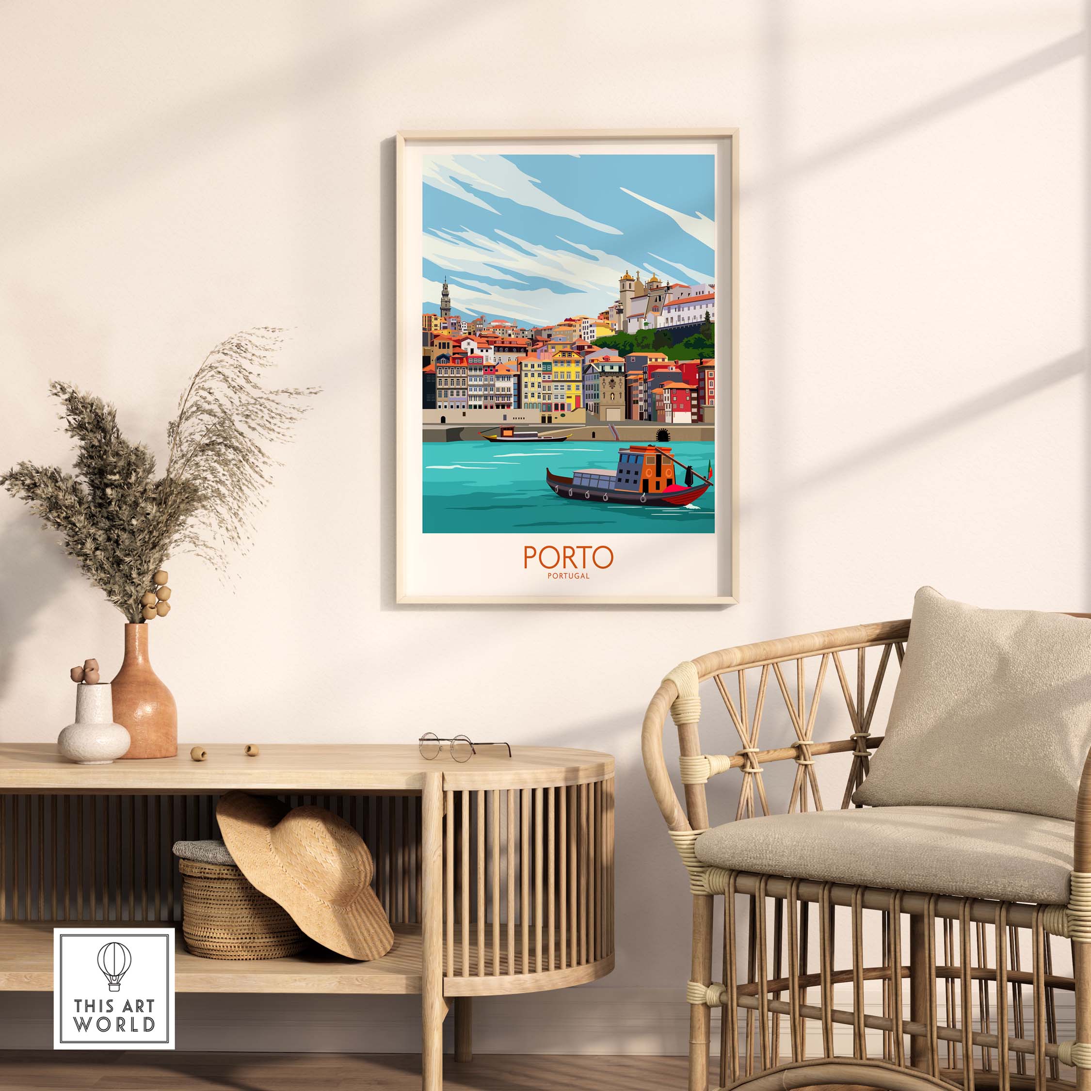 Porto travel poster print in a minimalist frame displayed in a stylish interior with a natural decor.