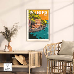 Portofino Print Poster Wall Art featuring vibrant vintage design and coastal scenery, perfect for home decor.