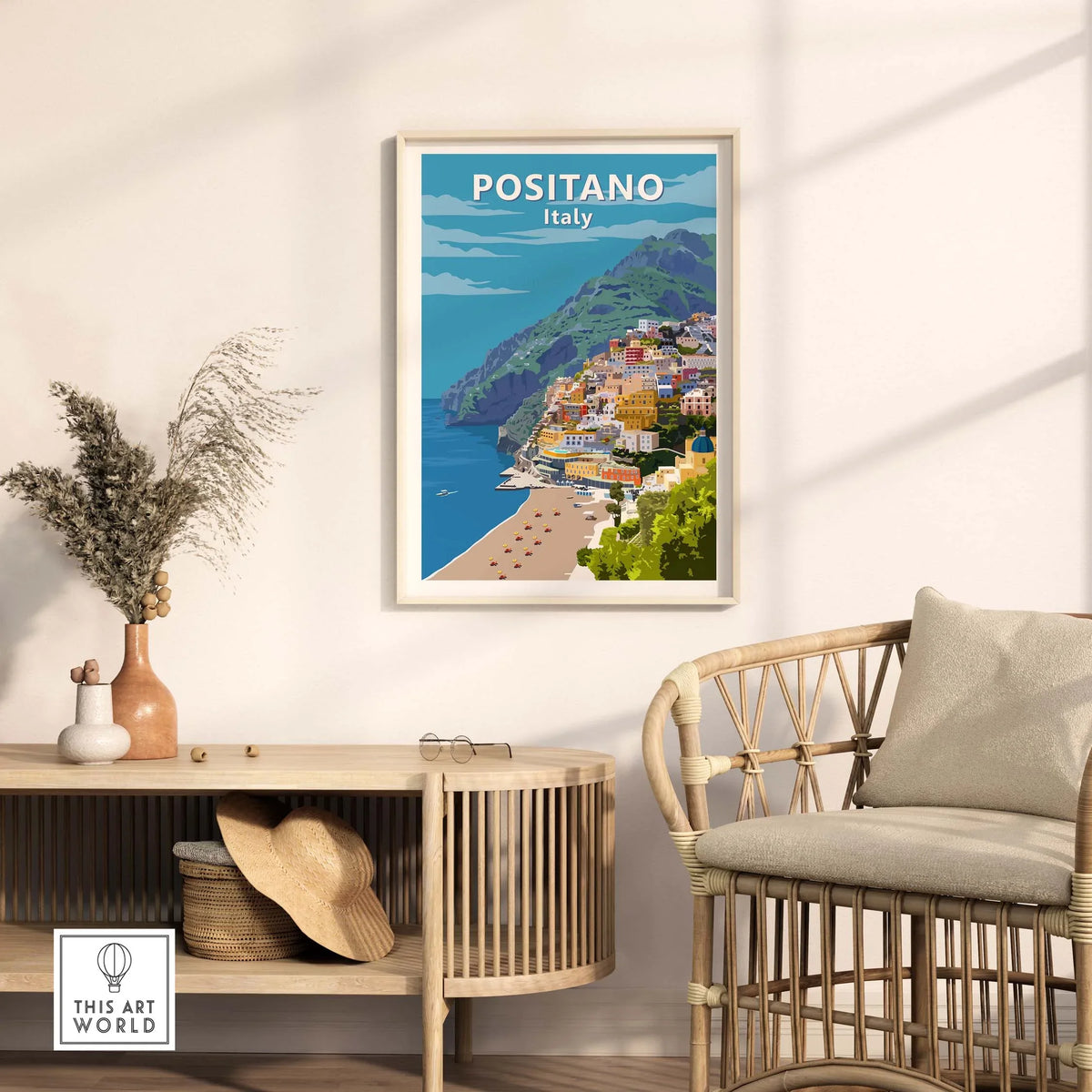 Positano poster print Italy wall art displayed in a stylish living room setting, capturing travel nostalgia.