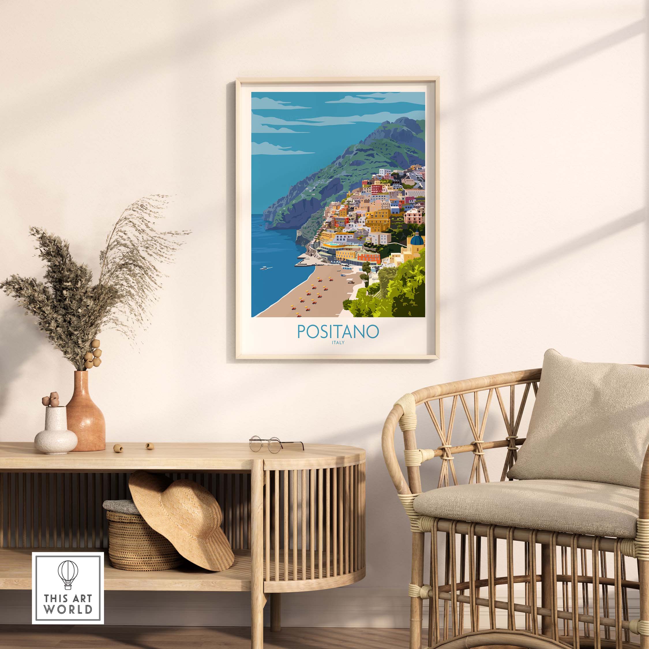 Positano print travel poster showcasing the Amalfi Coast in a stylish home setting.