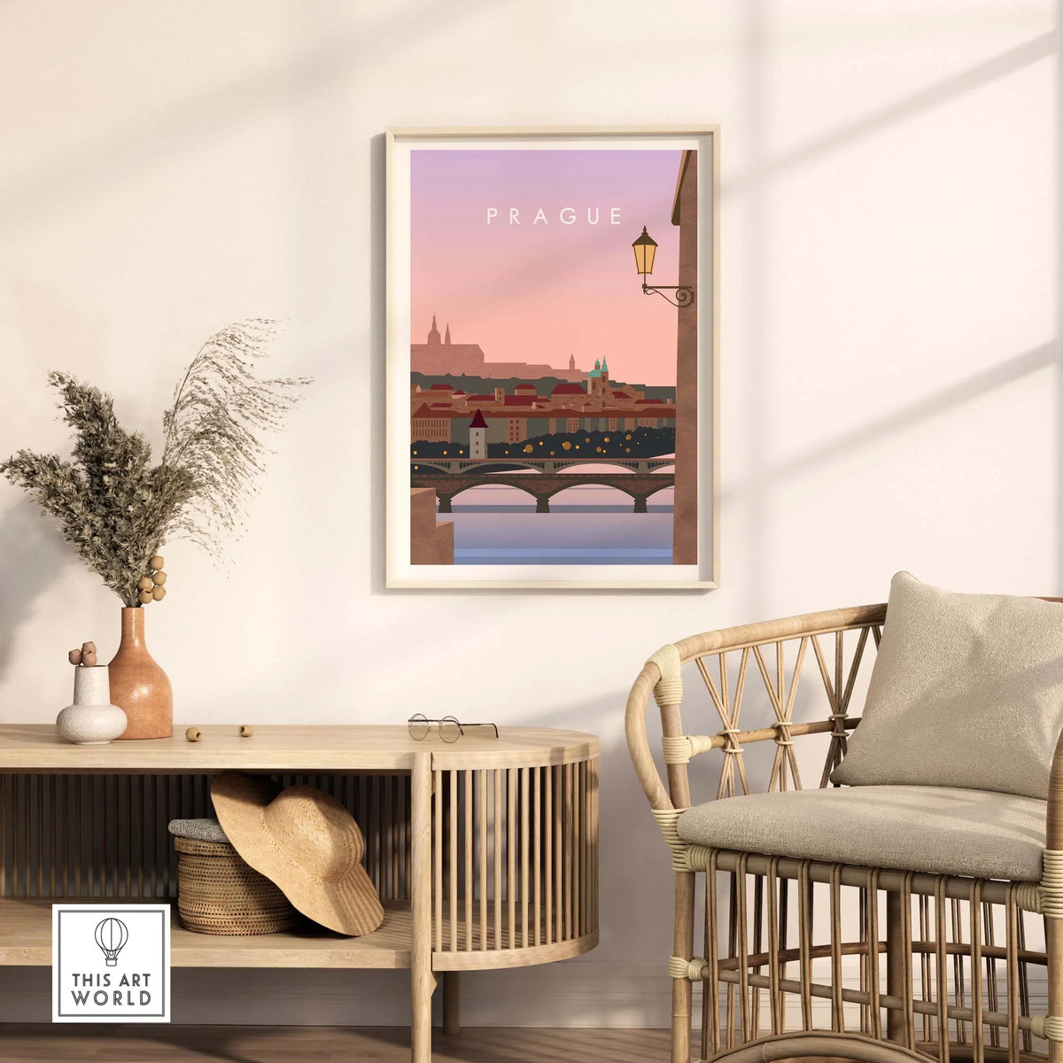 Prague Print Wall Art Poster featuring a sunset view, framed and styled in a modern home setting.