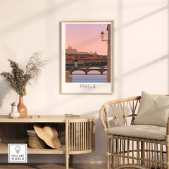 Prague Print Travel Poster displayed in a stylish living room setting, featuring a romantic view of the city.