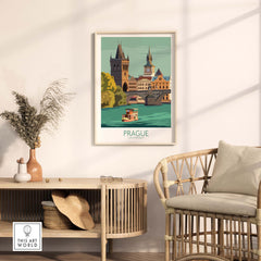Prague Poster Travel Print framed, showcasing vintage-style art of Prague's historic skyline and serene waterway.
