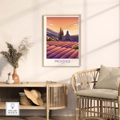 Provence travel poster featuring a sunset over lavender fields and a rustic farmhouse, stylish wall art for home decor.